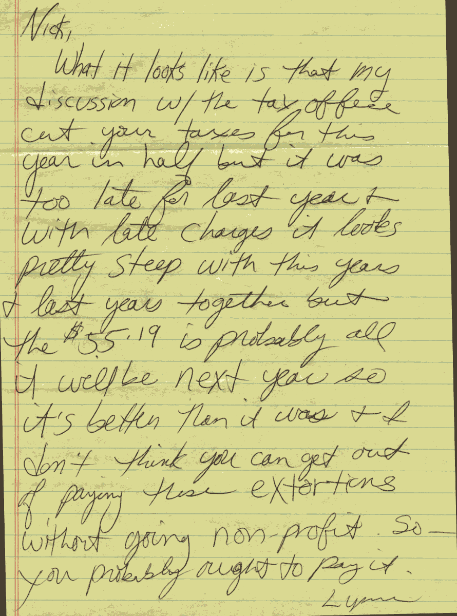 note from Lynne, attached to 1998-10-20 tax notice