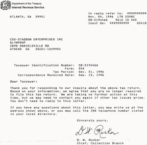 1996-09-13 IRS letter regarding form 940